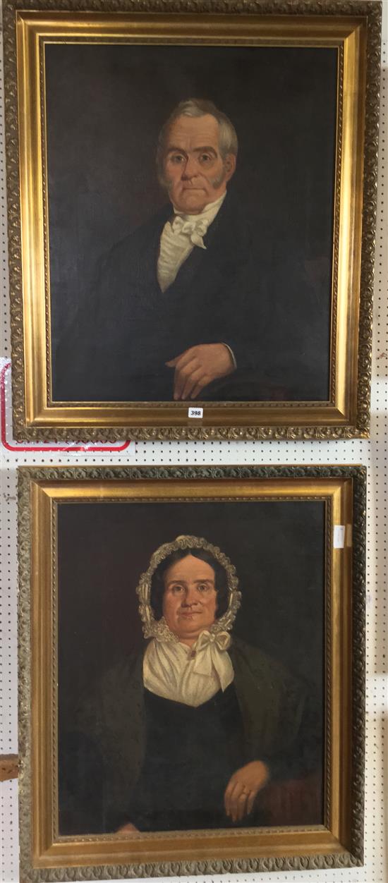 Pair of gilt framed portrait oils of a lady & gentleman